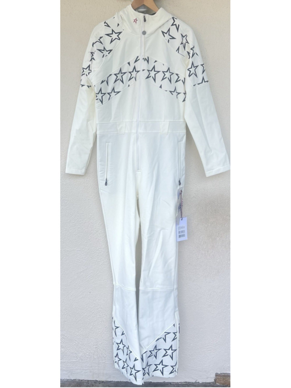 Perfect Moment Black Star Print Ski Suit XL Snow White Flare Leg Hooded No Belt
